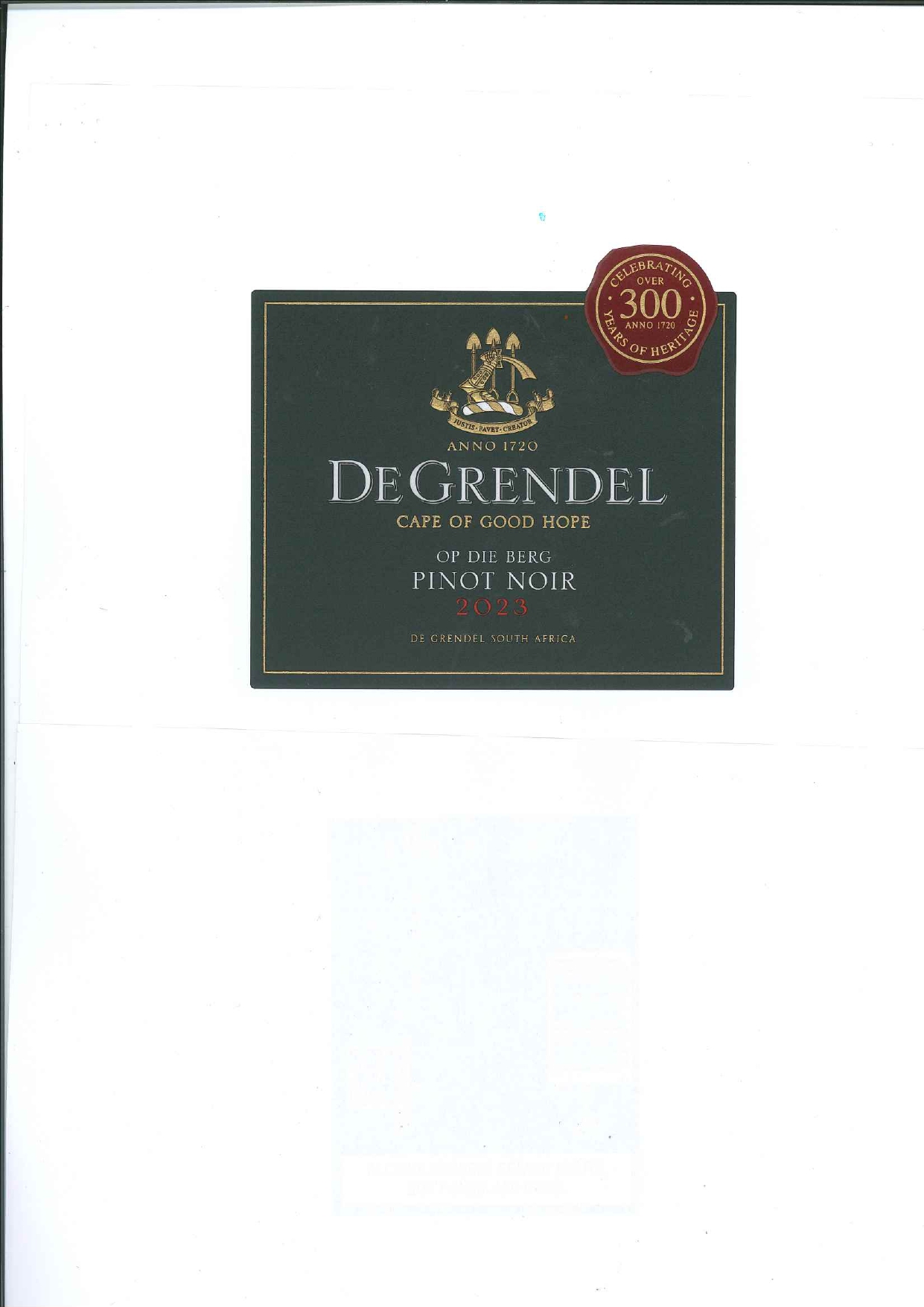 De Grendel Op die Berg Pinot Noir label