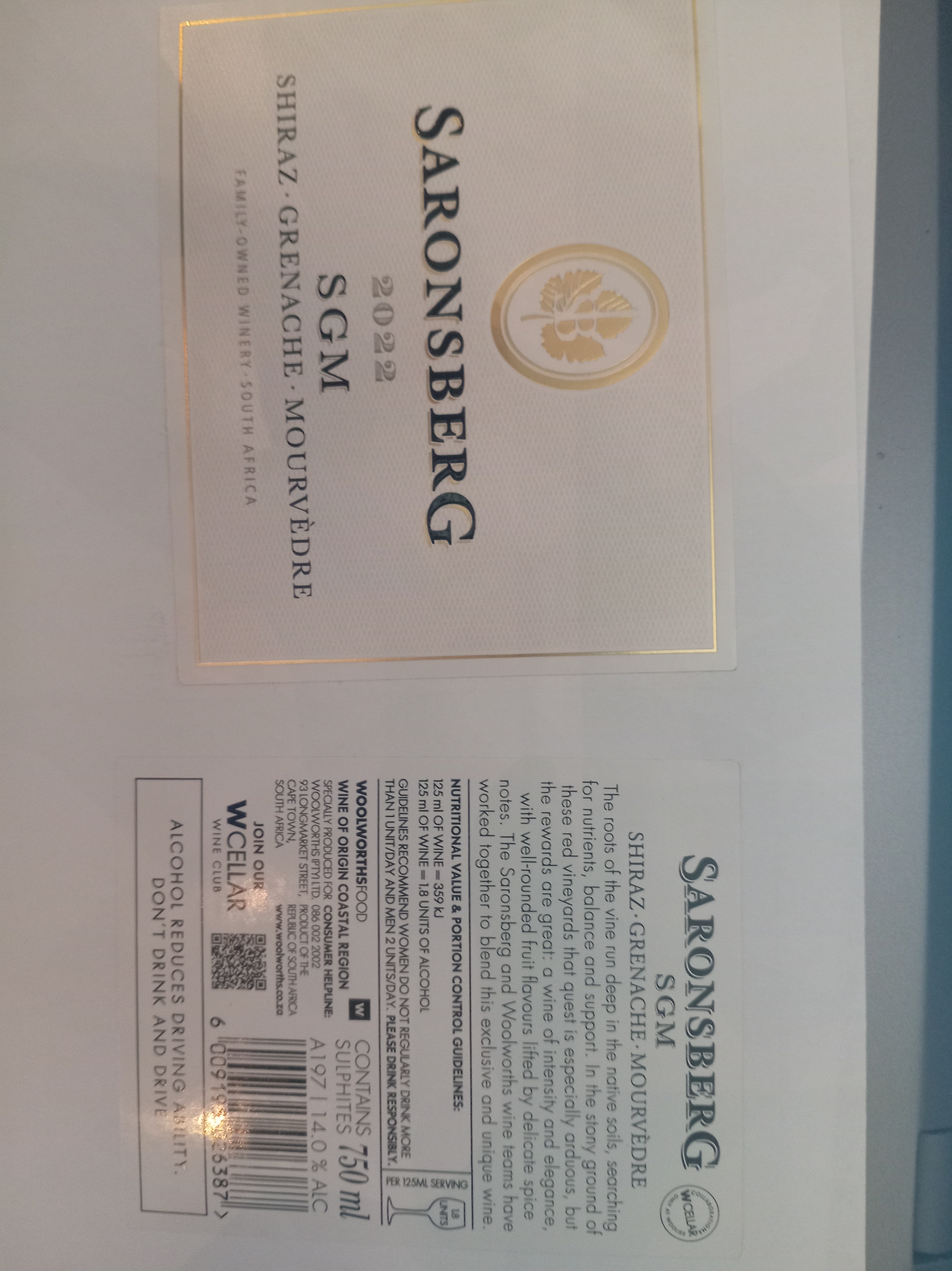 Saronsberg SGM Shiraz/Grenache/Mourvèdre (WW) label